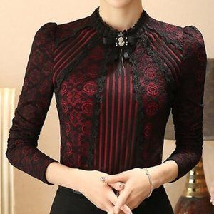 Lace Stand Collar Long Sleeve Blouse- Red M